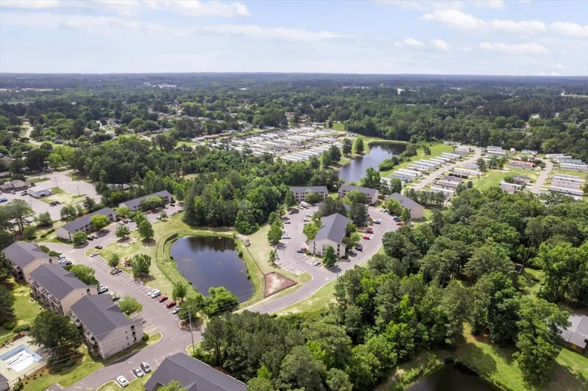 An expansive view showcases serene lakes bordered by greenery, with apartment complexes in the distance. The pathways and roads suggest accessibility, while the lakeside setting hints at outdoor leisure activities such as walks, gatherings, and picnics.